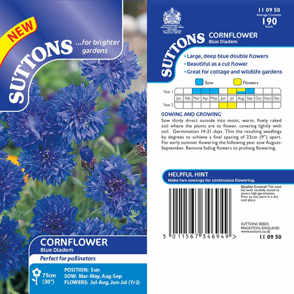 SEED  SUTTONS FLOWER CORNFLOWER BLUE DIADEM SEEDS SOW BY 7/2021 RRP £2.49 