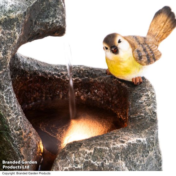 Serenity - Cascading Rock Water Feature with Two Birds
