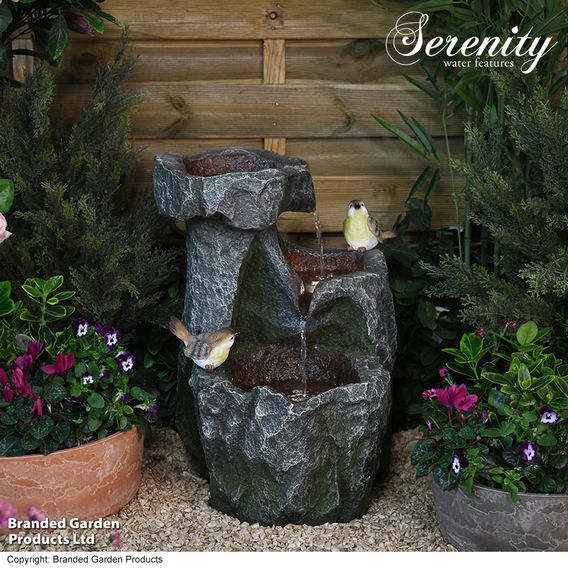 Serenity - Cascading Rock Water Feature with Two Birds