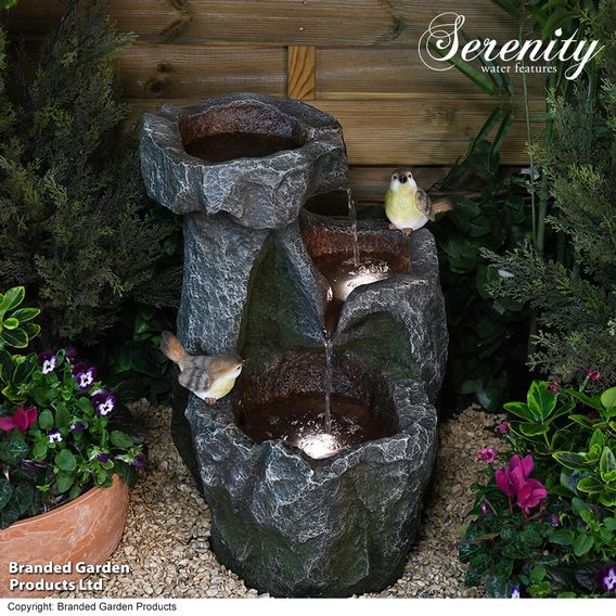 Serenity - Cascading Rock Water Feature with Two Birds