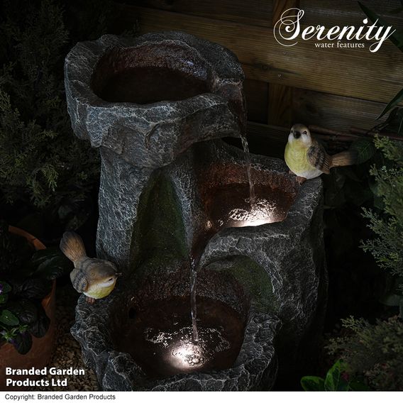 Serenity - Cascading Rock Water Feature with Two Birds