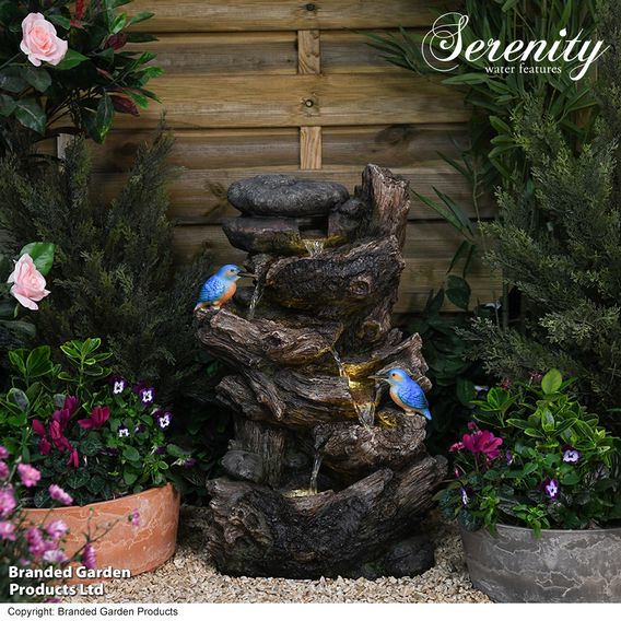 Serenity - Cascading Tree Trunk Water Feature with Kingfisher